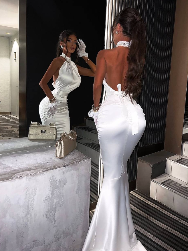 Sexy Mermaid Halter White Satin Backless Long Prom Dress Party Dress DP5803