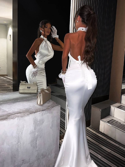 Sexy Mermaid Halter White Satin Backless Long Prom Dress Party Dress DP5803