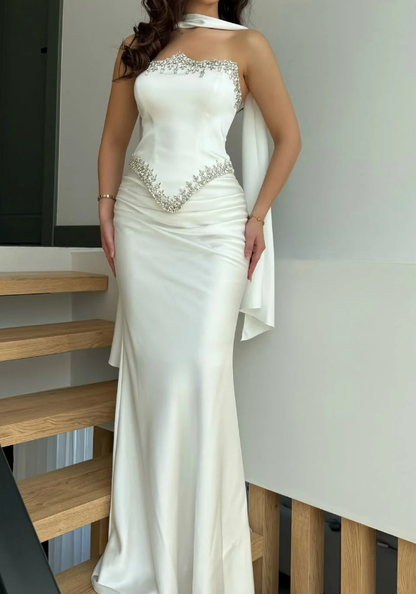 White Sheath Strapless Exquisite Beaded Satin Prom Dress Evening Dress DP5030