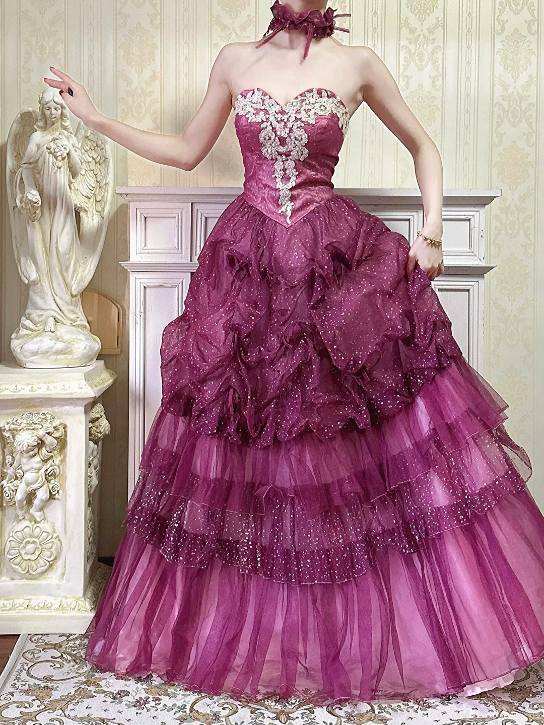 Vintage Purple Sequin Layered Tulle Lace Appliques Prom Dress Party Evening Dress DP5350