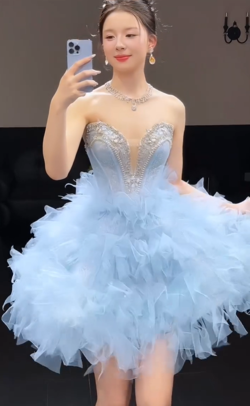 Baby Blue A Line Sweetheart Neck Beaded Tulle Short Homecoming Dress DP4618