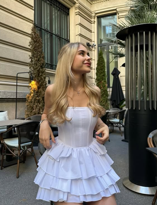 Simple White A Line Strapless Corset Layered Satin Short Homecoming Dress Outfits DP6010