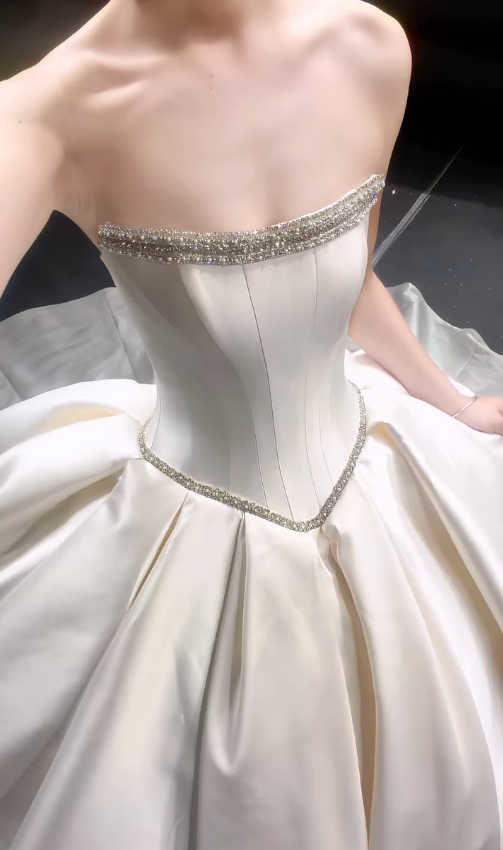 Elegant Ball Gown Strapless Beaded White Satin Long Wedding Dress DP7866