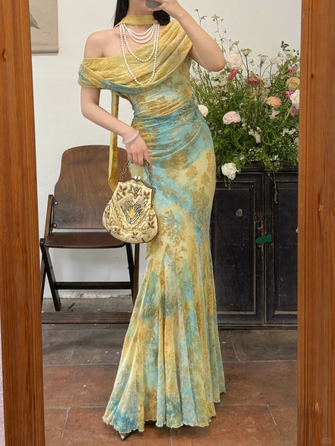 Unique Blue-green Ombre Mermaid Print Floral Chiffon Prom Dress Evening Dress DP6456