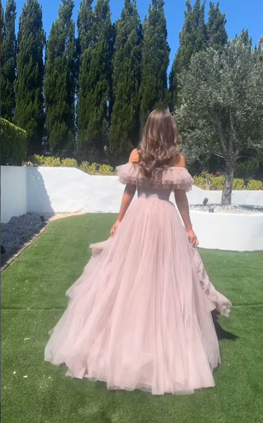 Princess Grey-purple A Line Off the Shoulder Tulle Prom Dress Evening Dress with Slit DP6205