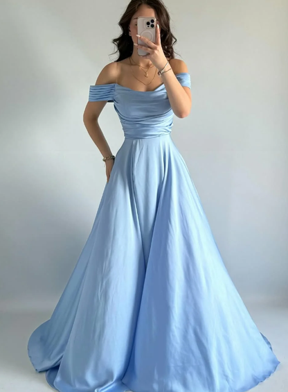 Simple Baby Blue A Line Off the Shoulder Satin Slit Prom Dress Evening Dress DP5260