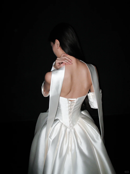 Elegant Ball Gown Strapless White Satin Long Train Wedding Dress DP8086