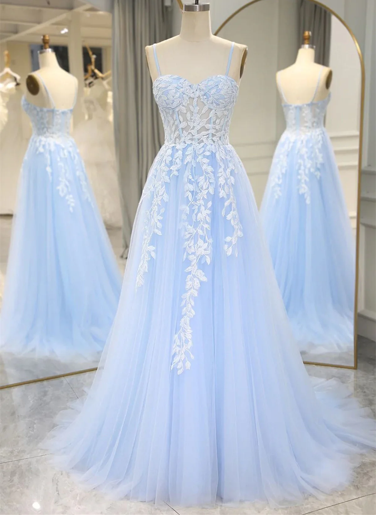 Elegant Blue With Lace Appliques Straps Party Dress Prom Dress DP218