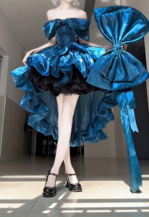 Stunning Blue A Line Off the Shoulder Bow Satin Short Prom Dress Homecoming Dress DP4559