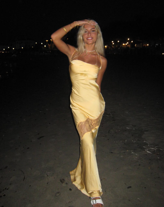 Charming Sheath Spaghetti Strap Yellow Lace Satin Long Open Back Prom Dress Evening Dress DP1637