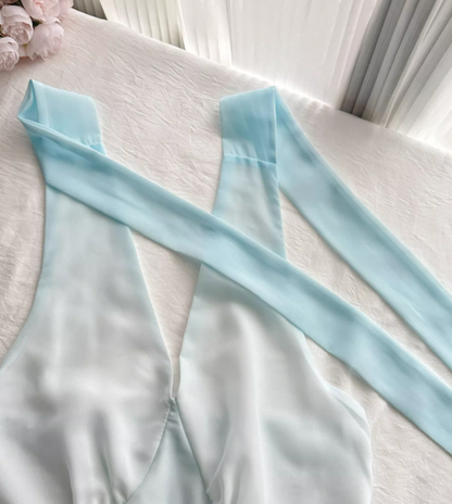 Blue Ombre A Line Halter Appliques Chiffon Vacation Dress Prom Dress Outfits DP3552