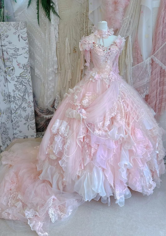 Stunning Pink Ball Gown Off the Shoulder Floral Exquisite Beaded Tulle Prom Dress DP3818