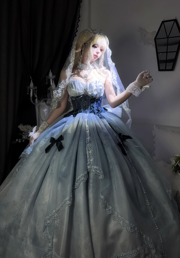 Stunning Blue Bow A Line Lace Tulle Lolita Goth Boning Dress Prom Dress DP4505