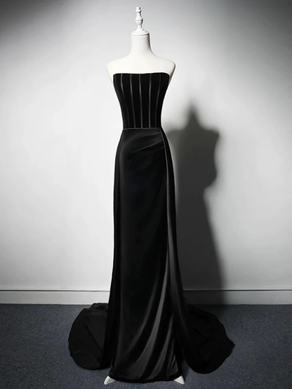 Black Strapless Velvet Satin Long Prom Dress Formal Bridesmaid Dress DP415