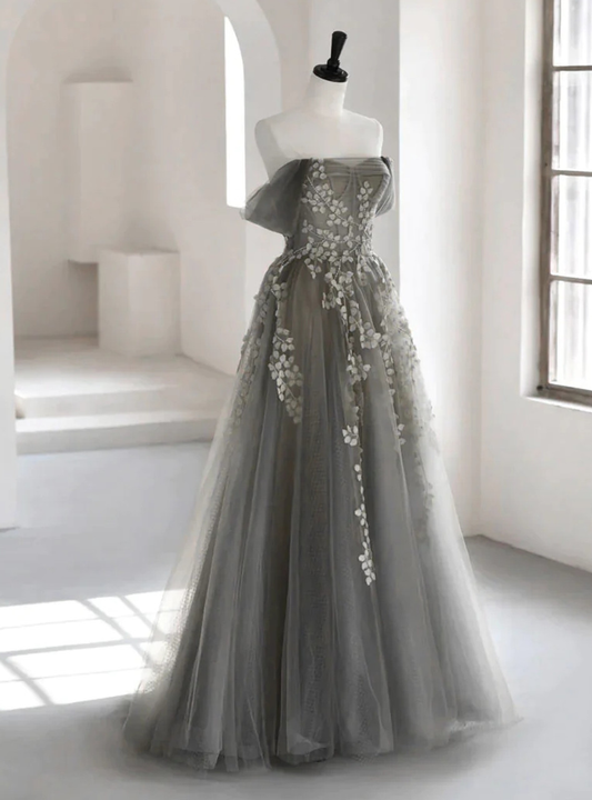 Gray Tulle Off the Shoulder Appliques Prom Dress DP271