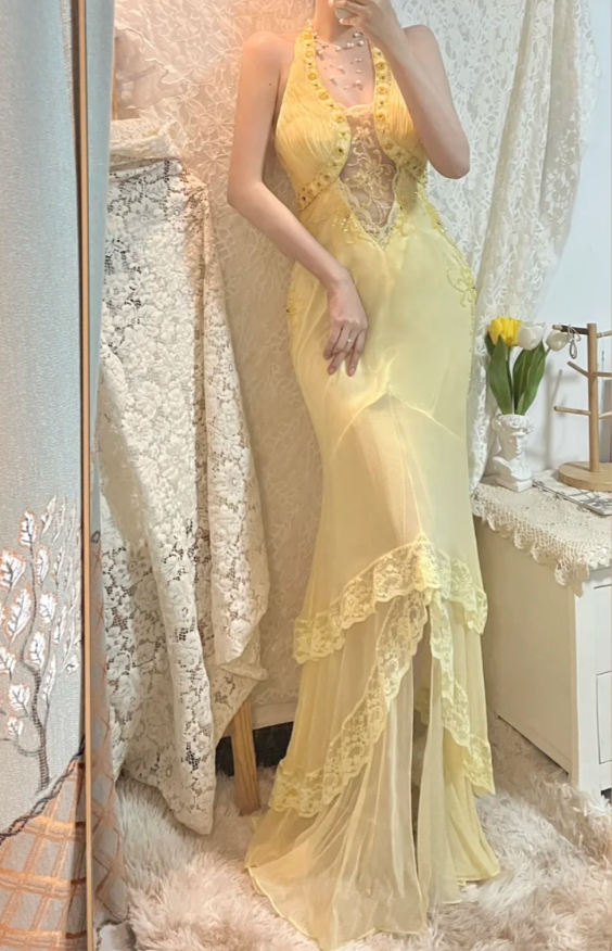 Vintage Mermaid V Neck Beaded Yellow Lace Chiffon Prom Dress Wedding Guest Dress DP4279