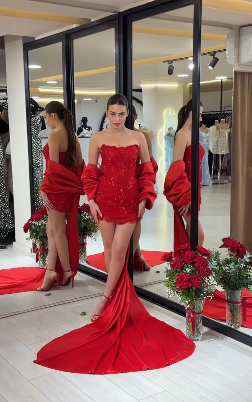 Sexy Red Bow Sheath Strapless Beaded Lace Short Prom Dress Birthday Party Dress DP4912