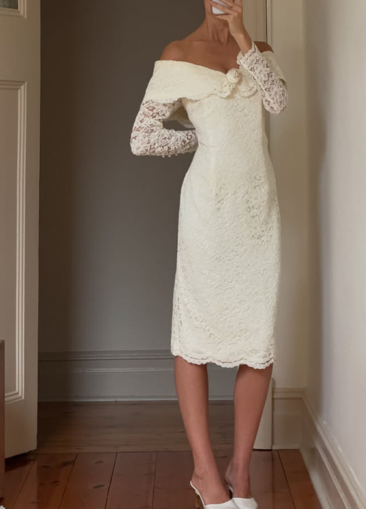 Vintage Sheath Long Sleeve Ivory Lace Prom Dress Wedding Dress DP7702