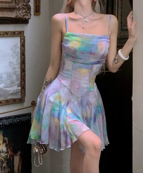 Summer Colorful A Line Spaghetti Strap Chiffon Short Homecoming Dress Outfits DP6395