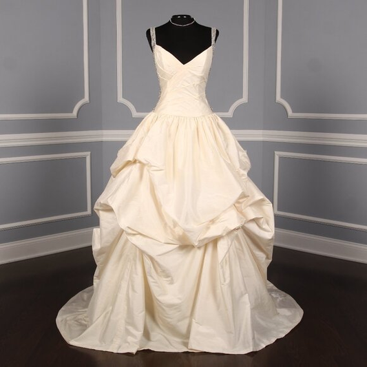 A Line V Neck Ivory White Satin Ball Gown Evening Dress Wedding Dress DP1335