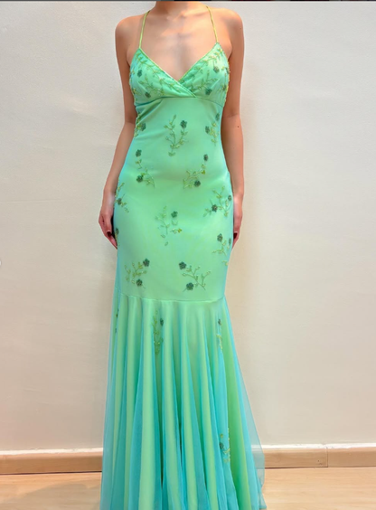 Vintage Mermaid Spaghetti Strap Beaded Tulle Satin Long Prom Dress Evening Dress DP1615