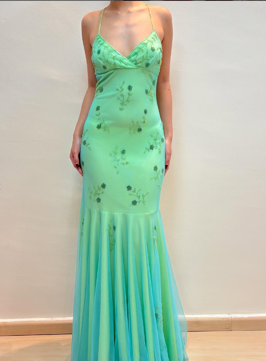 Vintage Mermaid Spaghetti Strap Beaded Tulle Satin Long Prom Dress Evening Dress DP1615