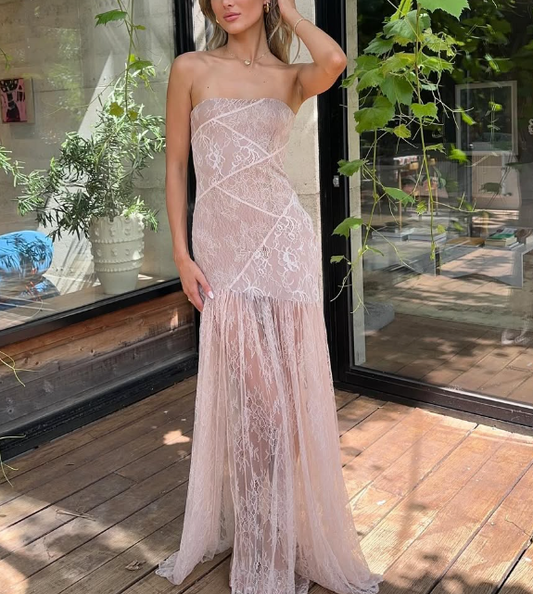 Elegant Mermaid Strapless Lace Long Prom Dress Evening Dress with Slit DP1476