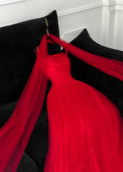 Charming A Line Strapless Simple Red Tulle Prom Dress DP4641