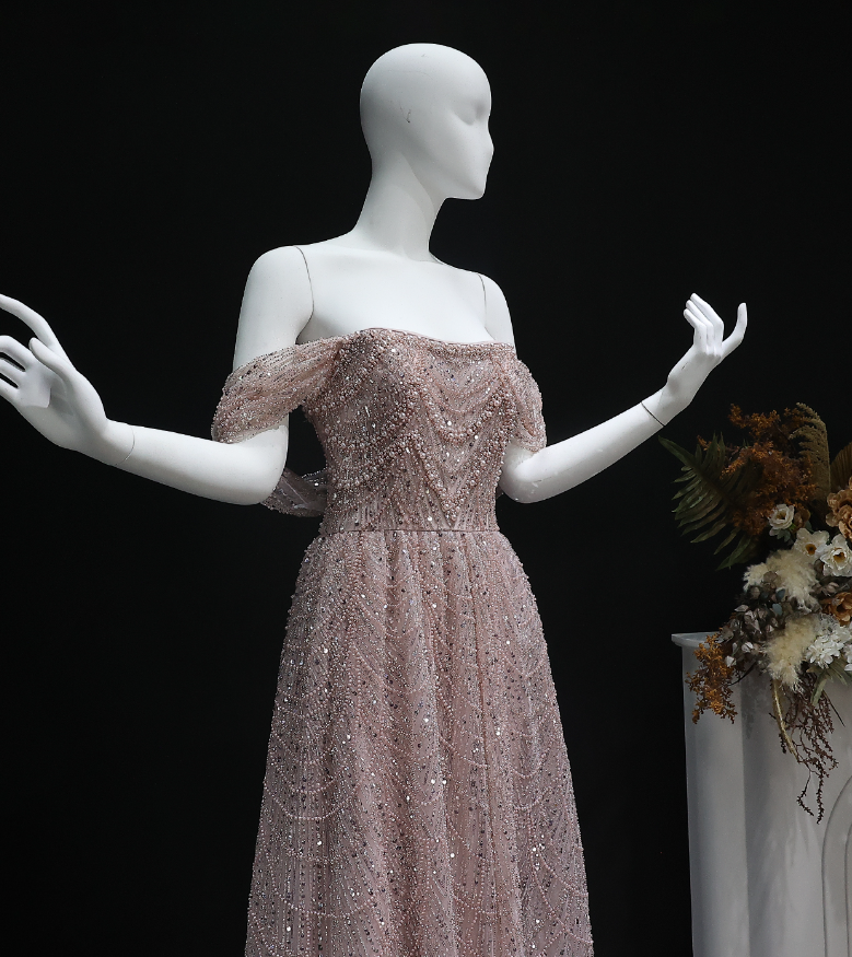 Gorgeous A Line Off the Shoulder Beaded Tulle Prom Dress Evening Dress DP1933