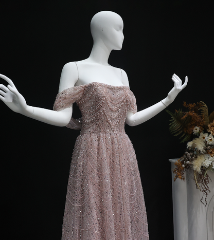 Gorgeous A Line Off the Shoulder Beaded Tulle Prom Dress Evening Dress DP1933