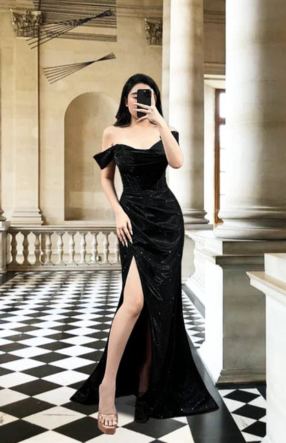 Navy Blue A Line Off the Shoulder Sequin Satin Long Prom Dress Graduation Prom Dress DP5082