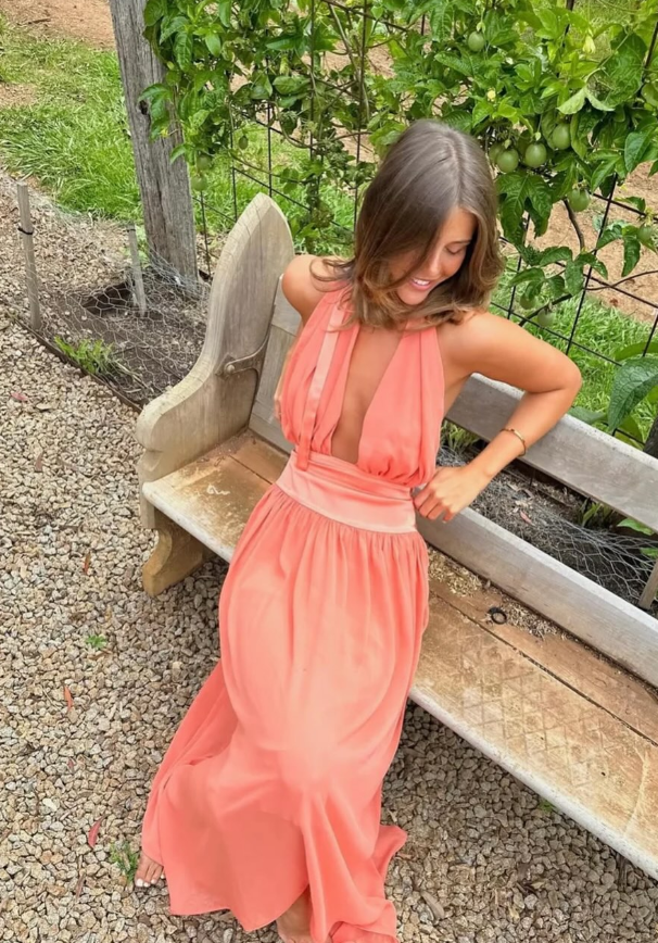 Charming A Line Halter Chiffon Open Back Long Prom Dress Vacation Dress DP4745