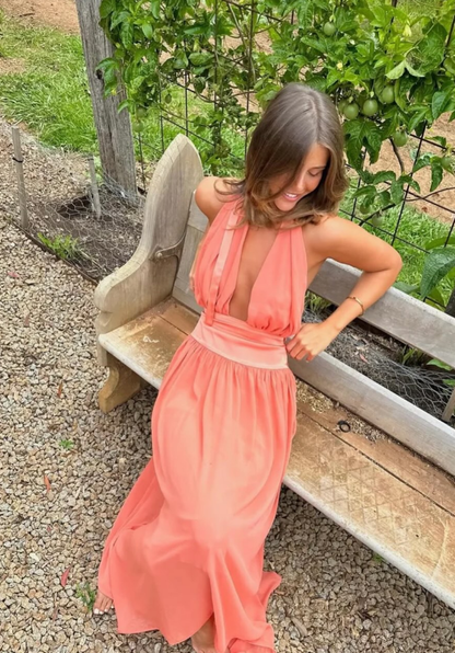 Charming A Line Halter Chiffon Open Back Long Prom Dress Vacation Dress DP4745