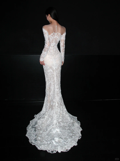 Unique Mermaid Long Sleeve White Exquisite Lace Long Wedding Dress DP8090