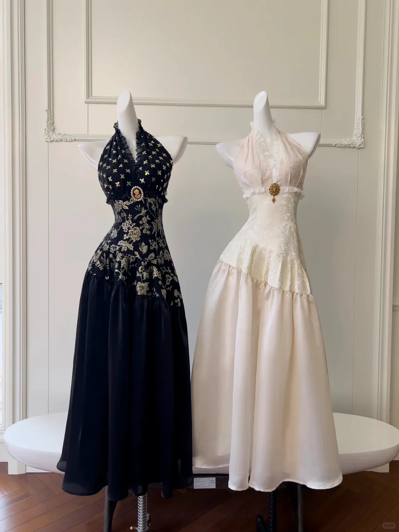 Vintage A Line V Neck Black Print Floral Satin Long Prom Dress Evening Dress DP4740