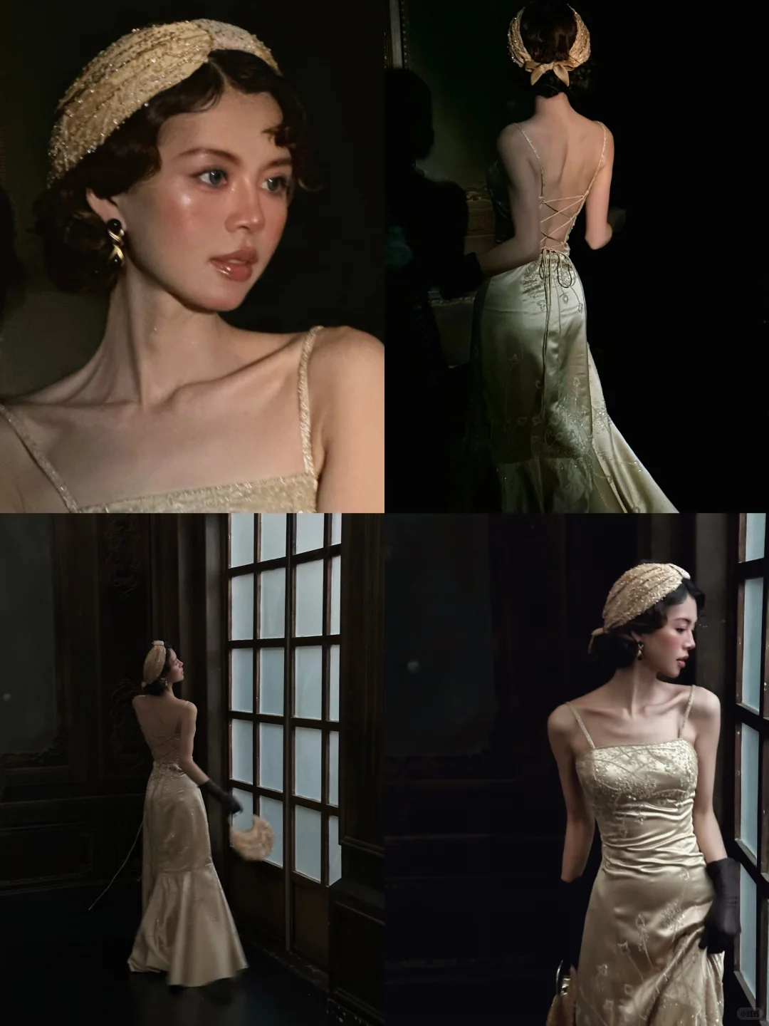 Vintage Champagne Mermaid Spaghetti Strap Beaded Satin Open Back Prom Dress Evening Dress DP4779