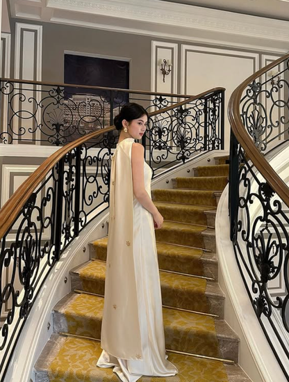 Gentle Ivory A Line Round Neck Beaded Satin Long Prom Dress 16th Birthday Dress DP3970