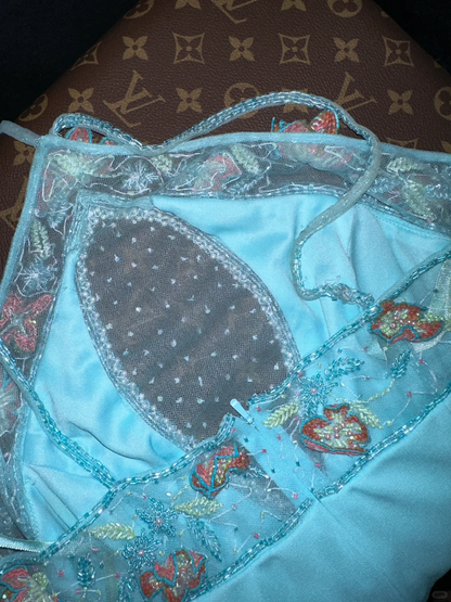 Vintage Mermaid Halter Beaded Blue Satin Long Prom Dress DP4421