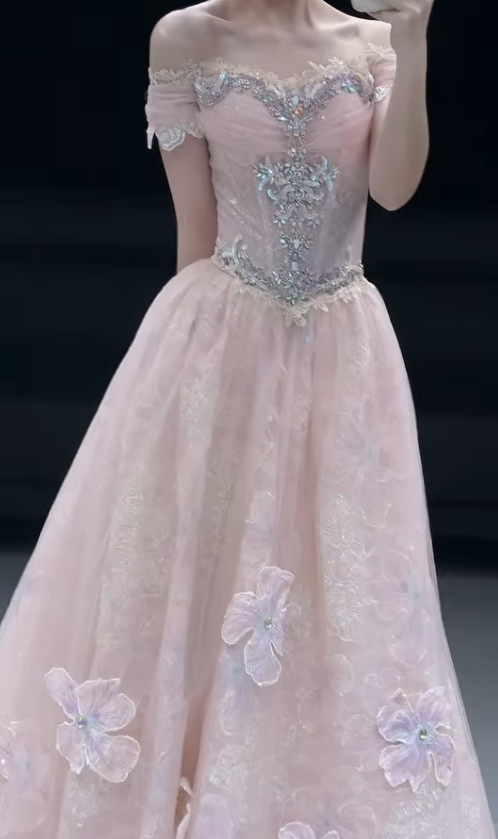 Princess Pink Ball Gown Off the Shoulder Beaded Tulle Long Prom Dress DP7868