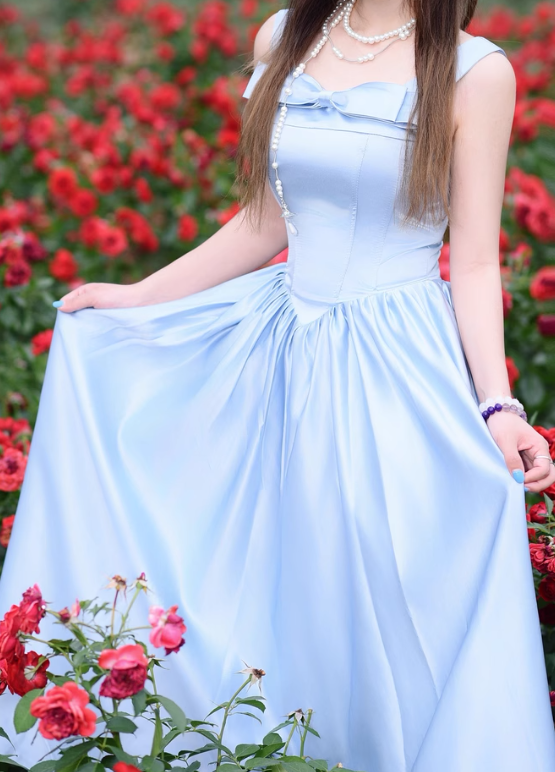 Blue Bow Simple A Line Straps Satin Prom Dress Evening Dress Formal Dress DP3159