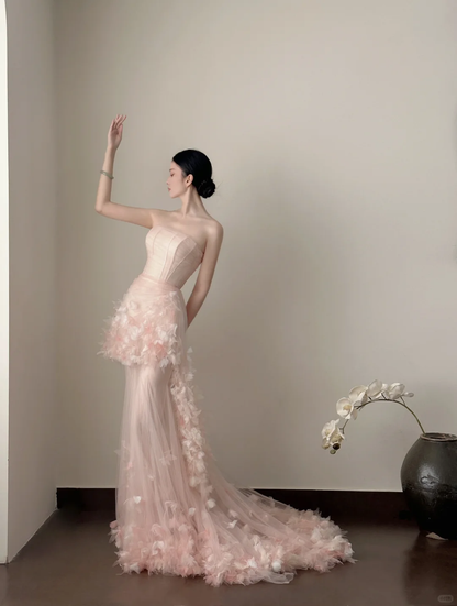 Dreamy Pink Mermaid Strapless Floral Tulle Prom Dress Formal Dress Party Dress DP3446