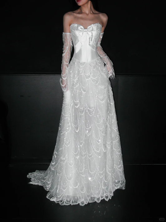 Cute A Line Sweetheart Neck Bow Beaded White Lace Satin Wedding Dress DP5306