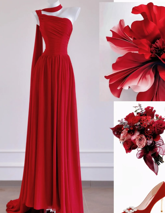 Romantic A Line One Shoulder Red Chiffon Prom Dress Graduation Prom Dress DP1999