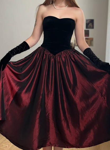 Vintage A Line Strapless Black Velvet Burgundy Satin Prom Dress Evening Dress DP5724