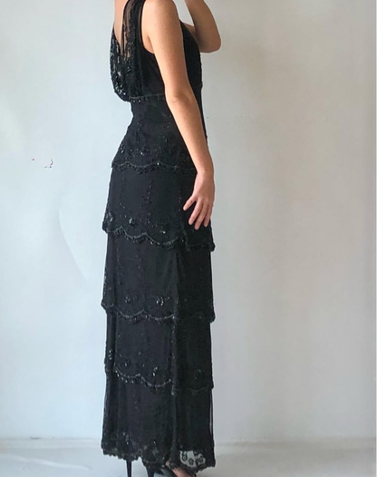 Vintage Sheath V Neck Beaded Tiered Black Chiffon Prom Dress Evening Dress DP1717