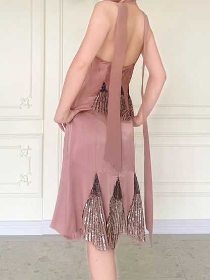 Vintage Two Piece Exquisite Beaded Pink Satin Short Prom Dress Homecoming Dress DP5163