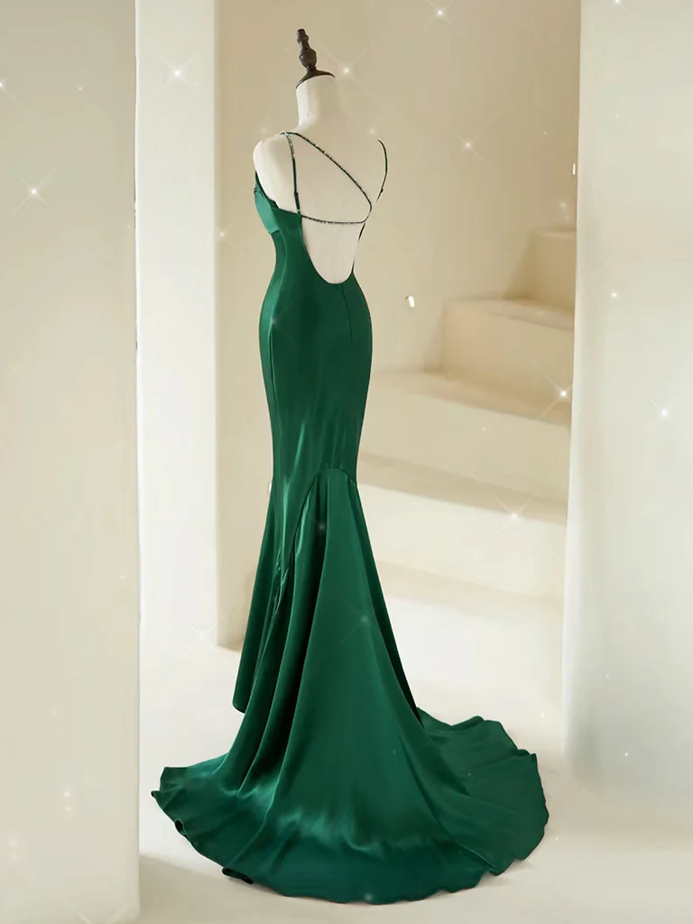 Mermaid V Neck Satin Green Backless Long Prom Dress DP374