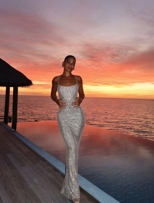 Gorgeous Sheath Straps Rhinestone Tulle Open Back Long Prom Dress Evening Dress DP1857