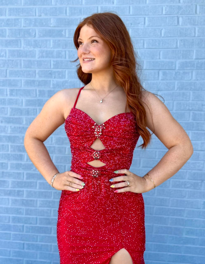 Dazzling Red Mermaid Straps Exquisite Beaded Satin Slit Long Prom Dress Evening Dress DP6268