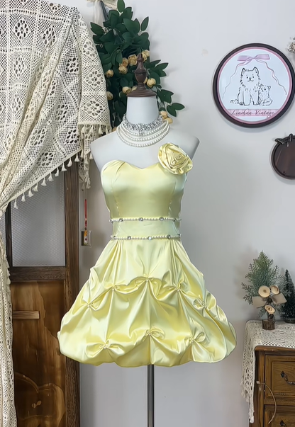 Vintage A Line Sweetheart Neck Beaded Yellow Satin Short Homecoming Dress Cocktail Dress DP2445